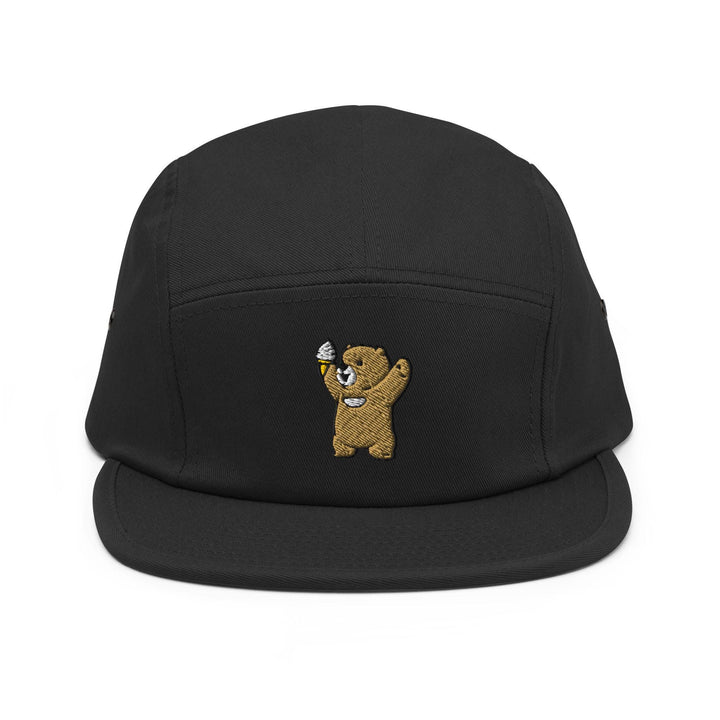 Cheerful Ice Cream Bear Embroidered 5‑Panel Cotton Camper Cap: Adjustable Fit