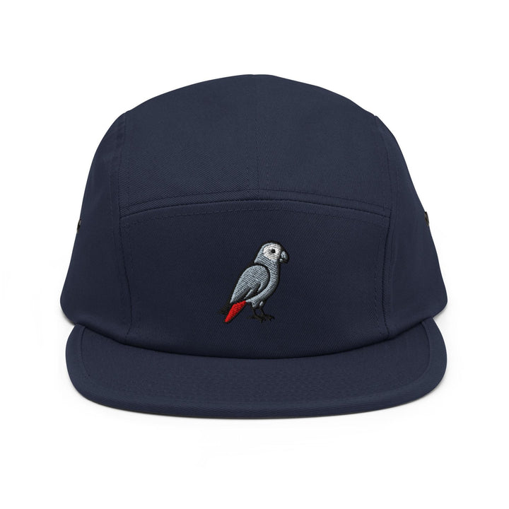 African Grey Parrot Embroidered 5‑Panel Cotton Camper Cap: Adjustable Fit