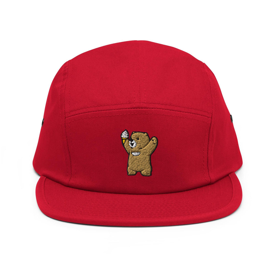 Cheerful Ice Cream Bear Embroidered 5‑Panel Cotton Camper Cap: Adjustable Fit