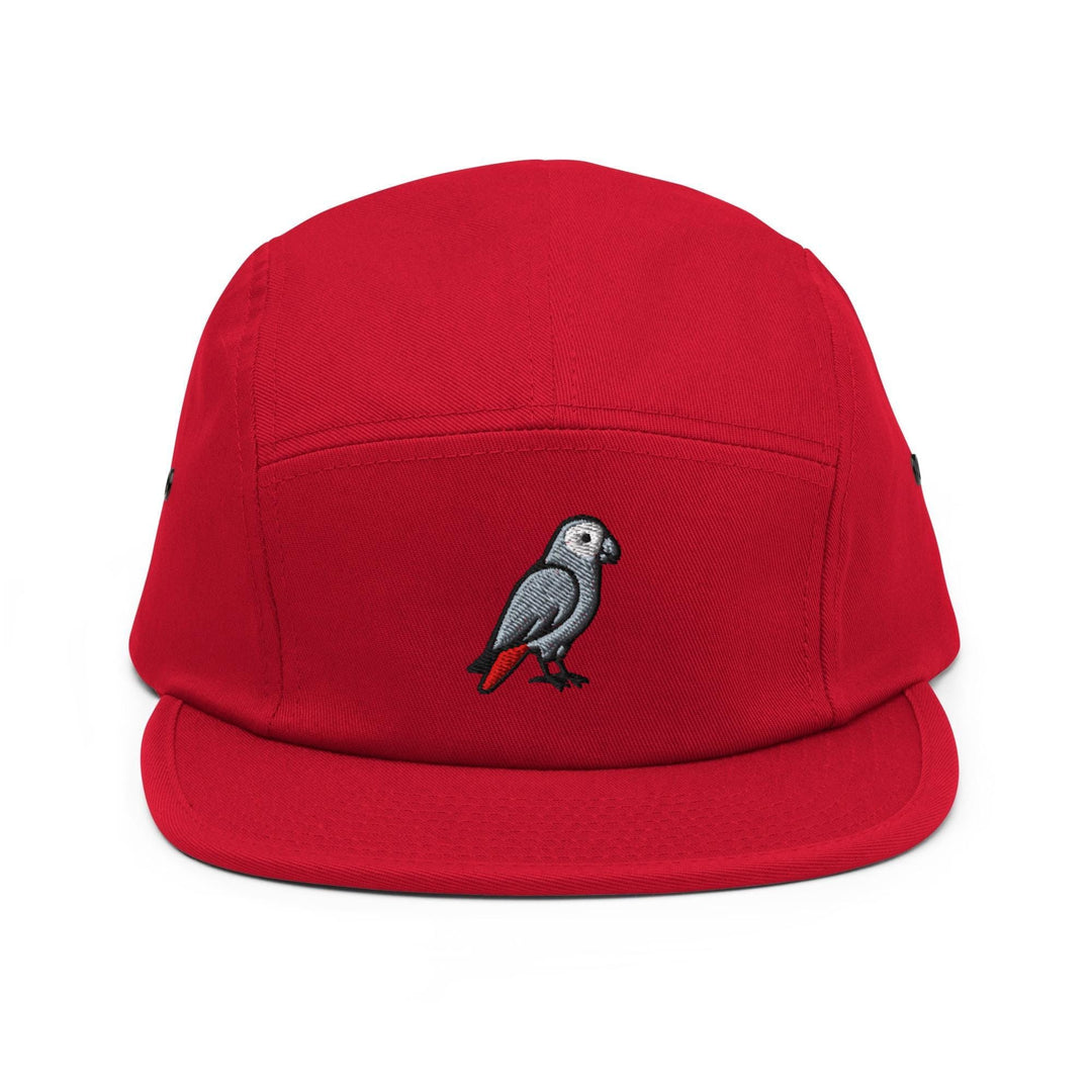 African Grey Parrot Embroidered 5‑Panel Cotton Camper Cap: Adjustable Fit