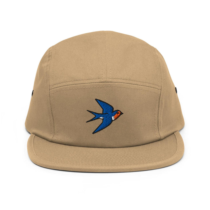 Swallow Bird Embroidered 5‑Panel Cotton Camper Cap: Adjustable Fit