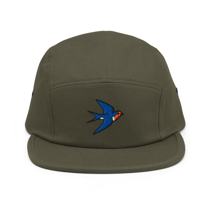 Swallow Bird Embroidered 5‑Panel Cotton Camper Cap: Adjustable Fit