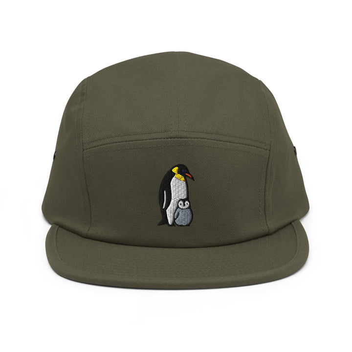 Emperor Penguin with Chick Embroidered 5‑Panel Cotton Camper Cap: Adjustable Fit