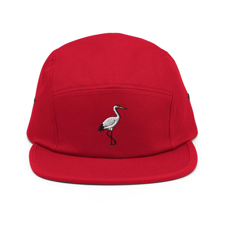 Crane Bird Embroidered 5‑Panel Cotton Camper Cap: Adjustable Fit