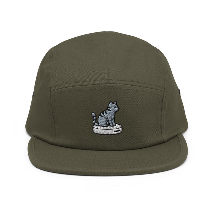 Cat on Vacuum Robot Embroidered 5‑Panel Cotton Camper Cap: Adjustable Fit