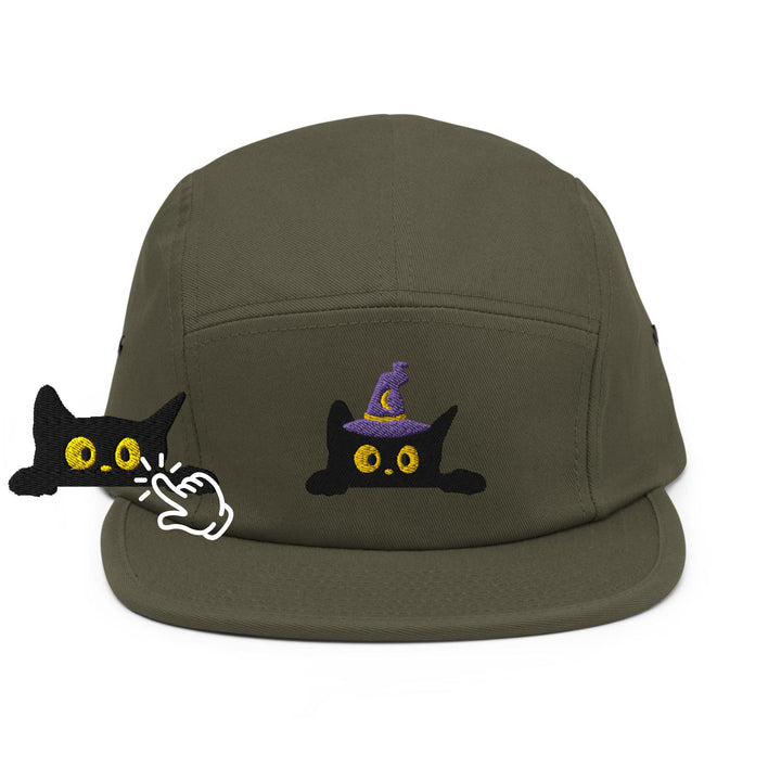 Black Wizard Cat Embroidered 5‑Panel Cotton Camper Cap: Adjustable Fit