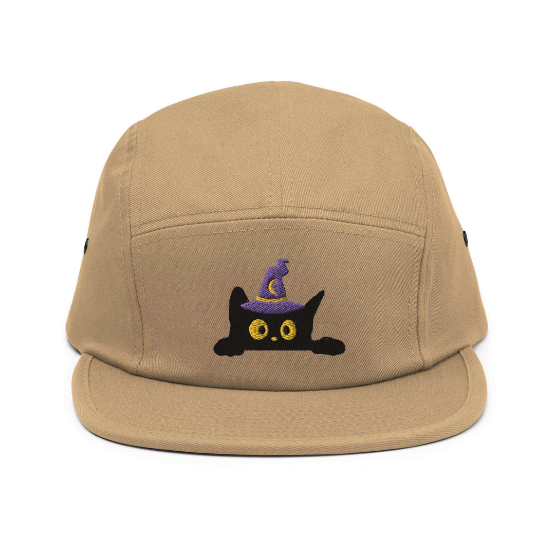 Black Wizard Cat Embroidered 5‑Panel Cotton Camper Cap: Adjustable Fit