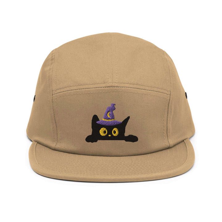 Black Wizard Cat Embroidered 5‑Panel Cotton Camper Cap: Adjustable Fit