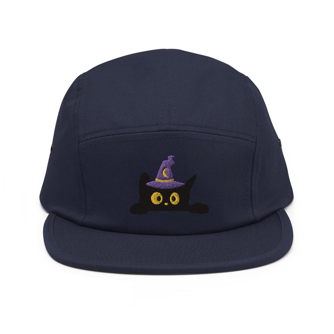 Black Wizard Cat Embroidered 5‑Panel Cotton Camper Cap: Adjustable Fit