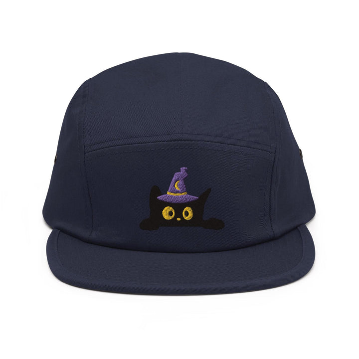 Black Wizard Cat Embroidered 5‑Panel Cotton Camper Cap: Adjustable Fit