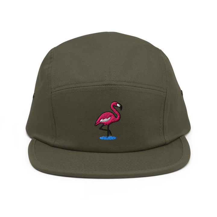Flamingo in Water Embroidered 5‑Panel Cotton Camper Cap: Adjustable Fit