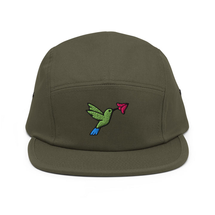 Hummingbird Embroidered 5‑Panel Cotton Camper Cap: Adjustable Fit