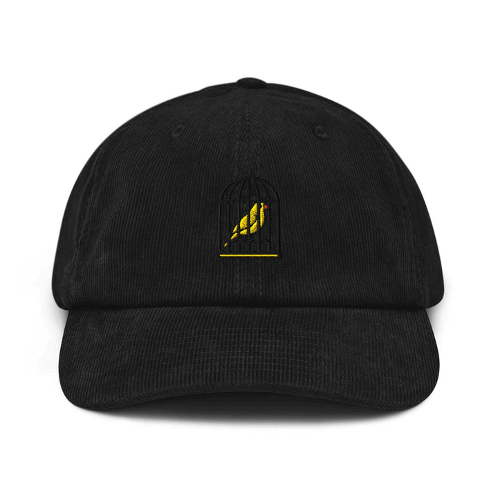 Canary in a Cage Embroidered Cotton Corduroy Hat: Adjustable Fit