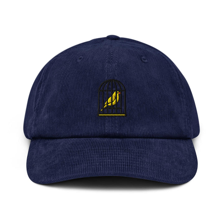 Canary in a Cage Embroidered Cotton Corduroy Hat: Adjustable Fit