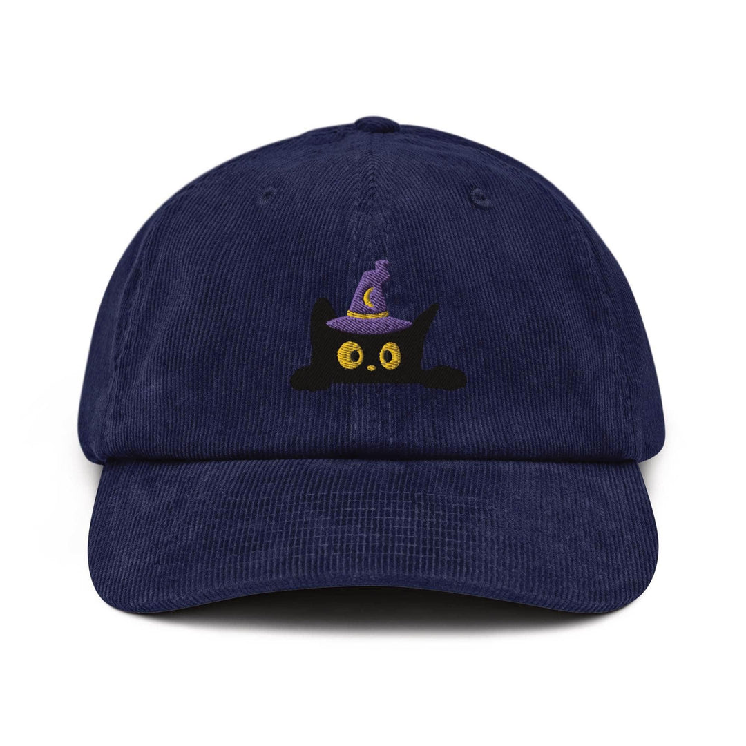 Black Wizard Cat Embroidered Cotton Corduroy Hat: Adjustable Fit