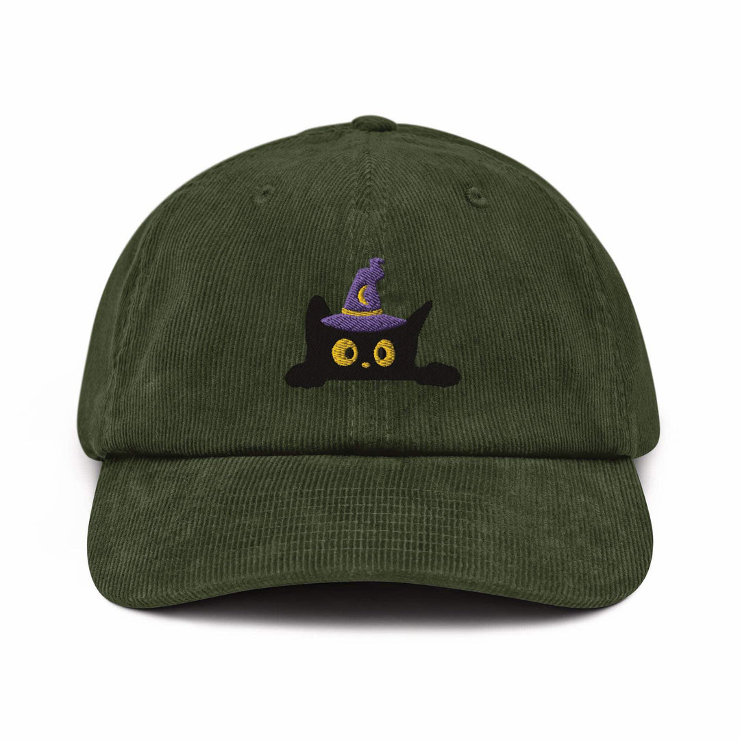 Black Wizard Cat Embroidered Cotton Corduroy Hat: Adjustable Fit