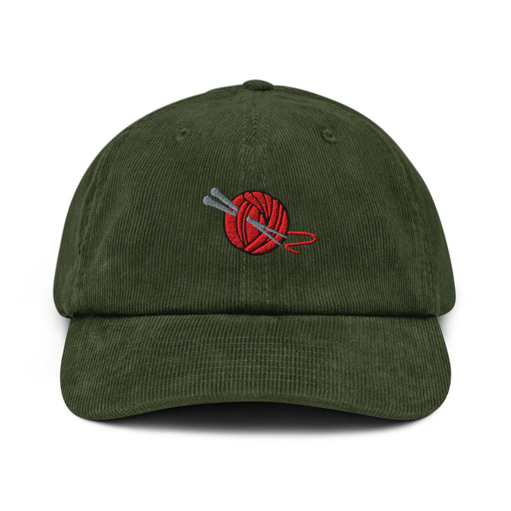Knitting Needle and Yarn Embroidered Cotton Corduroy Hat: Adjustable Fit