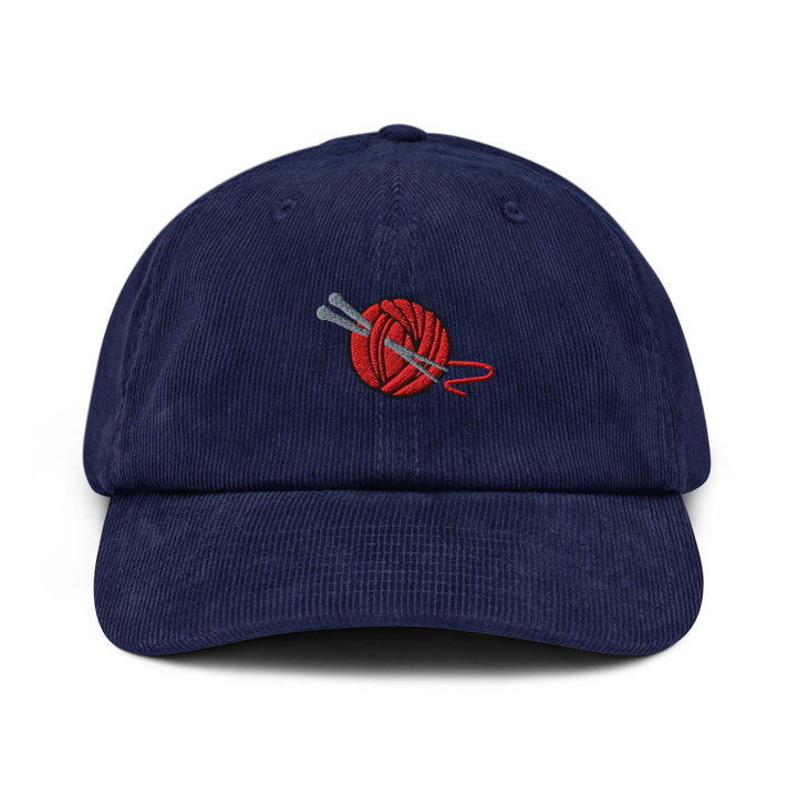 Knitting Needle and Yarn Embroidered Cotton Corduroy Hat: Adjustable Fit