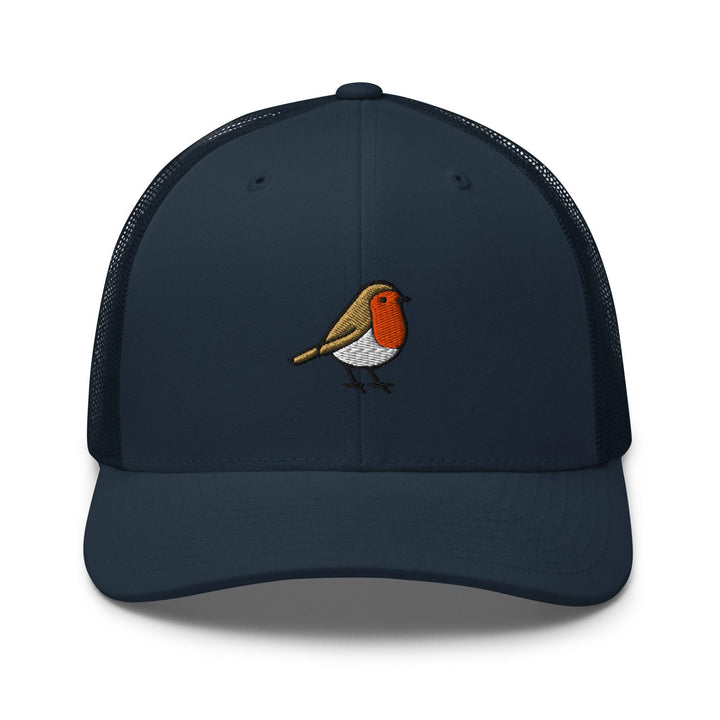 European Robin Embroidered Trucker Hat: Structured Retro Cap with Mesh Back Design