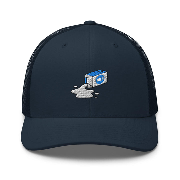 Spilled Milk Carton Embroidered Trucker Hat: Structured Retro Cap with Mesh Back
