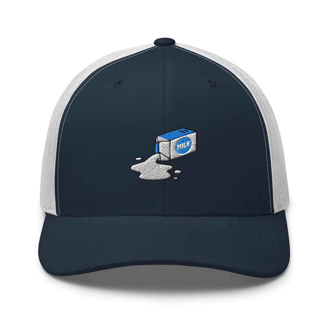 Spilled Milk Carton Embroidered Trucker Hat: Structured Retro Cap with Mesh Back