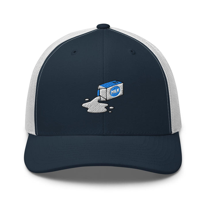 Spilled Milk Carton Embroidered Trucker Hat: Structured Retro Cap with Mesh Back
