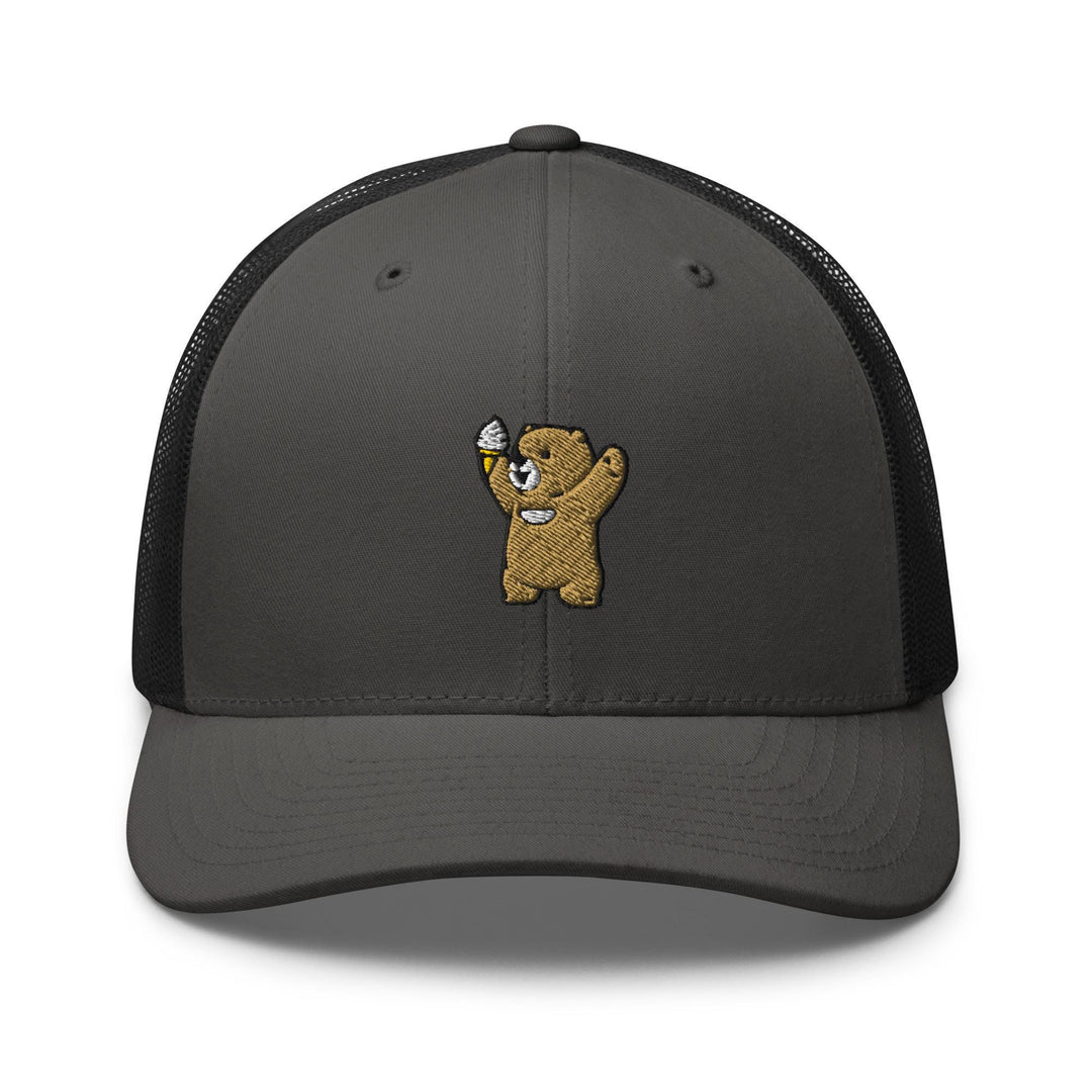 Cheerful Ice Cream Bear Embroidered Trucker Hat: Structured Retro Cap with Mesh Back