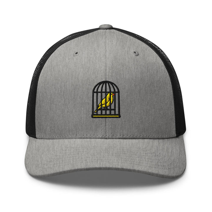 Canary in a Cage Embroidered Trucker Hat: Structured Retro Cap with Mesh Back