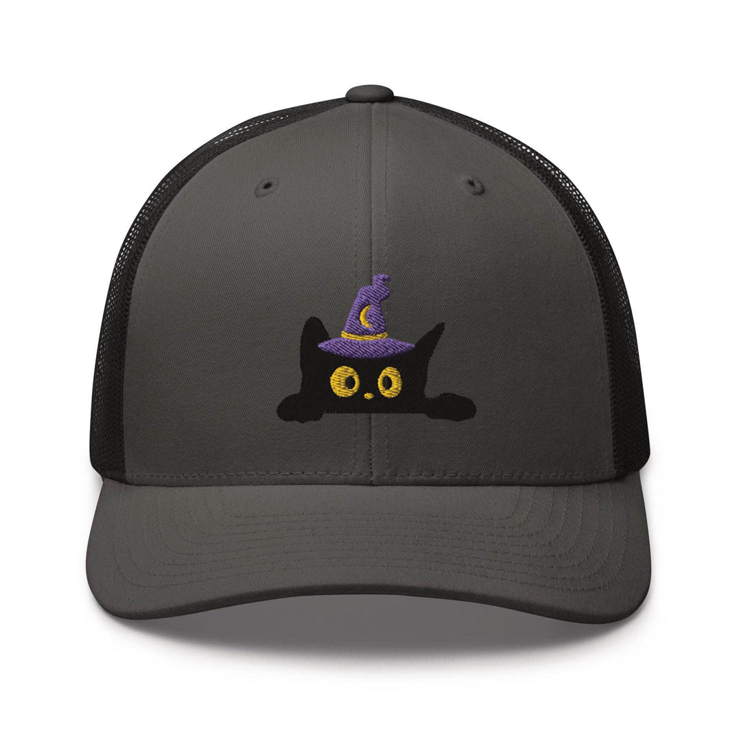 Black Wizard Cat Embroidered Trucker Hat: Structured Retro Cap with Mesh Back