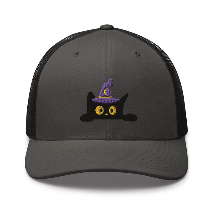 Black Wizard Cat Embroidered Trucker Hat: Structured Retro Cap with Mesh Back