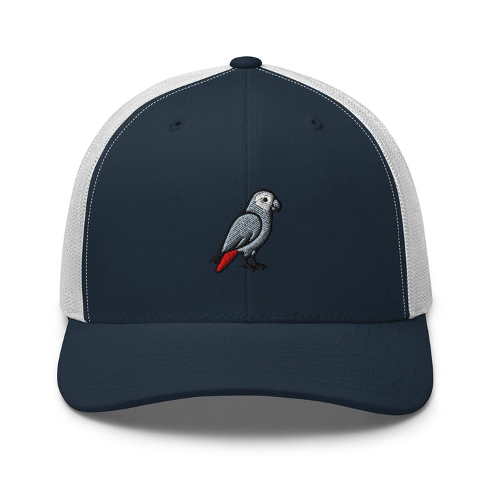 African Grey Parrot Embroidered Trucker Hat: Structured Retro Cap with Mesh Back