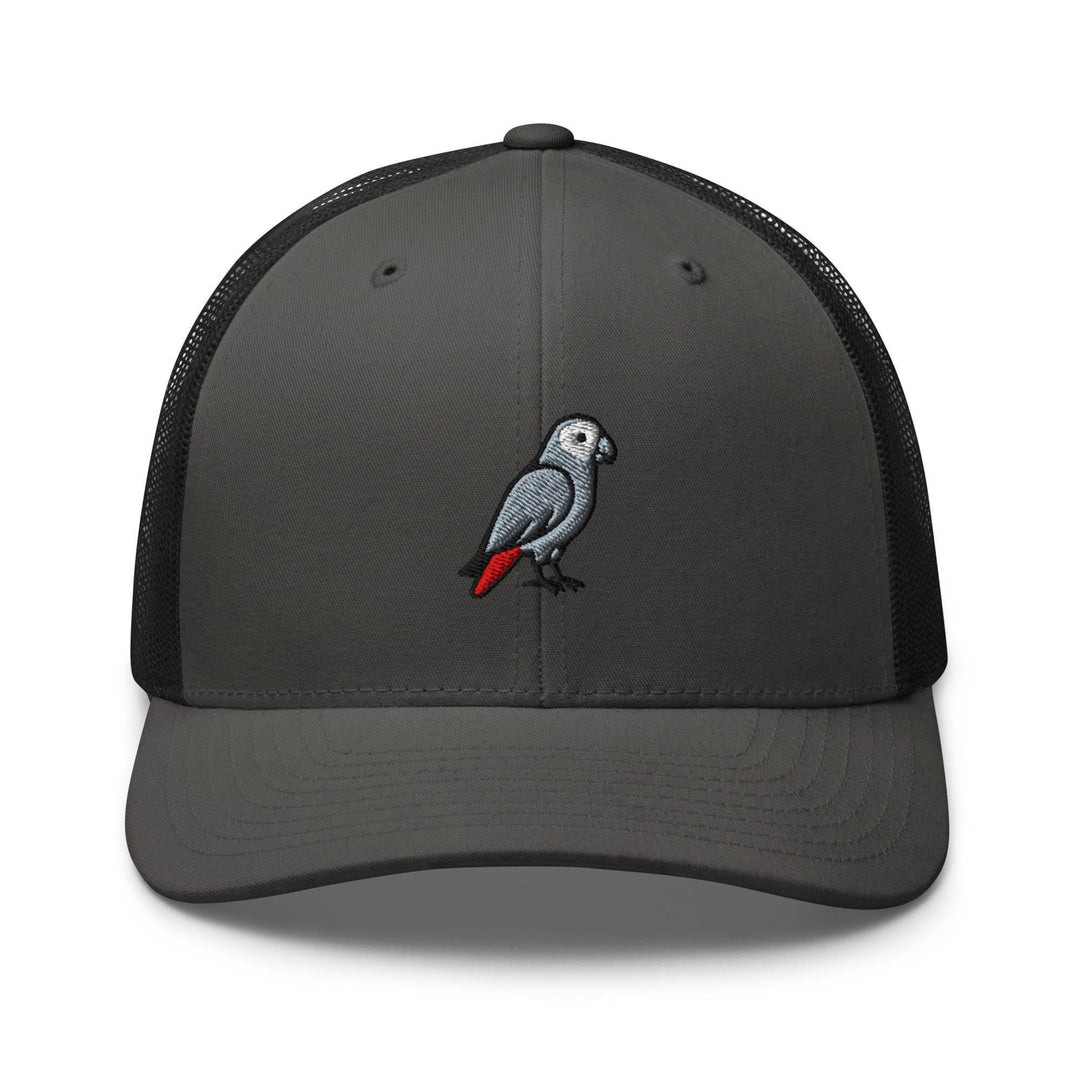 African Grey Parrot Embroidered Trucker Hat: Structured Retro Cap with Mesh Back