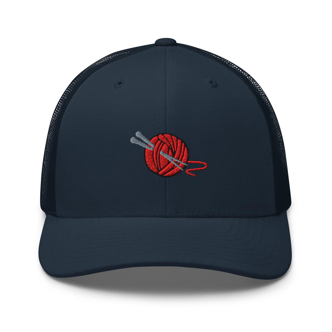 Knitting Needle and Yarn Embroidered Trucker Hat: Structured Retro Cap with Mesh Back