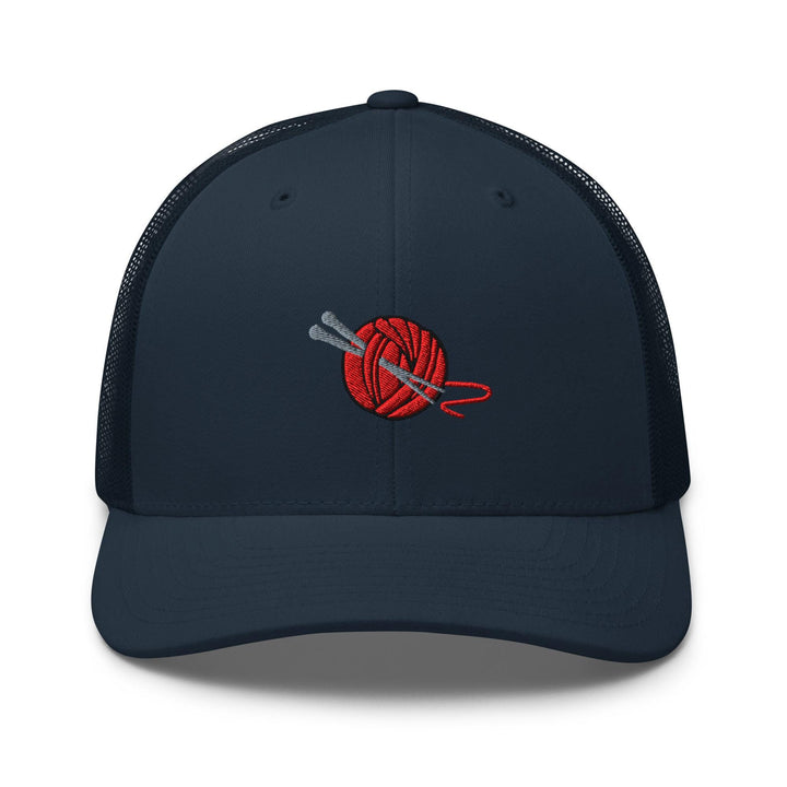 Knitting Needle and Yarn Embroidered Trucker Hat: Structured Retro Cap with Mesh Back