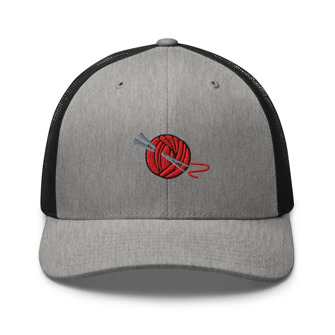 Knitting Needle and Yarn Embroidered Trucker Hat: Structured Retro Cap with Mesh Back