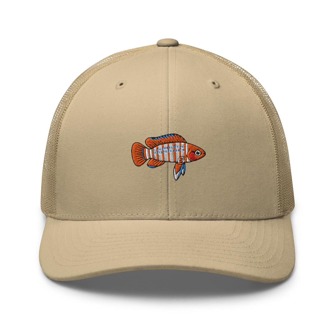 Scarlet Badis Embroidered Trucker Hat: Structured Retro Cap with Mesh Back
