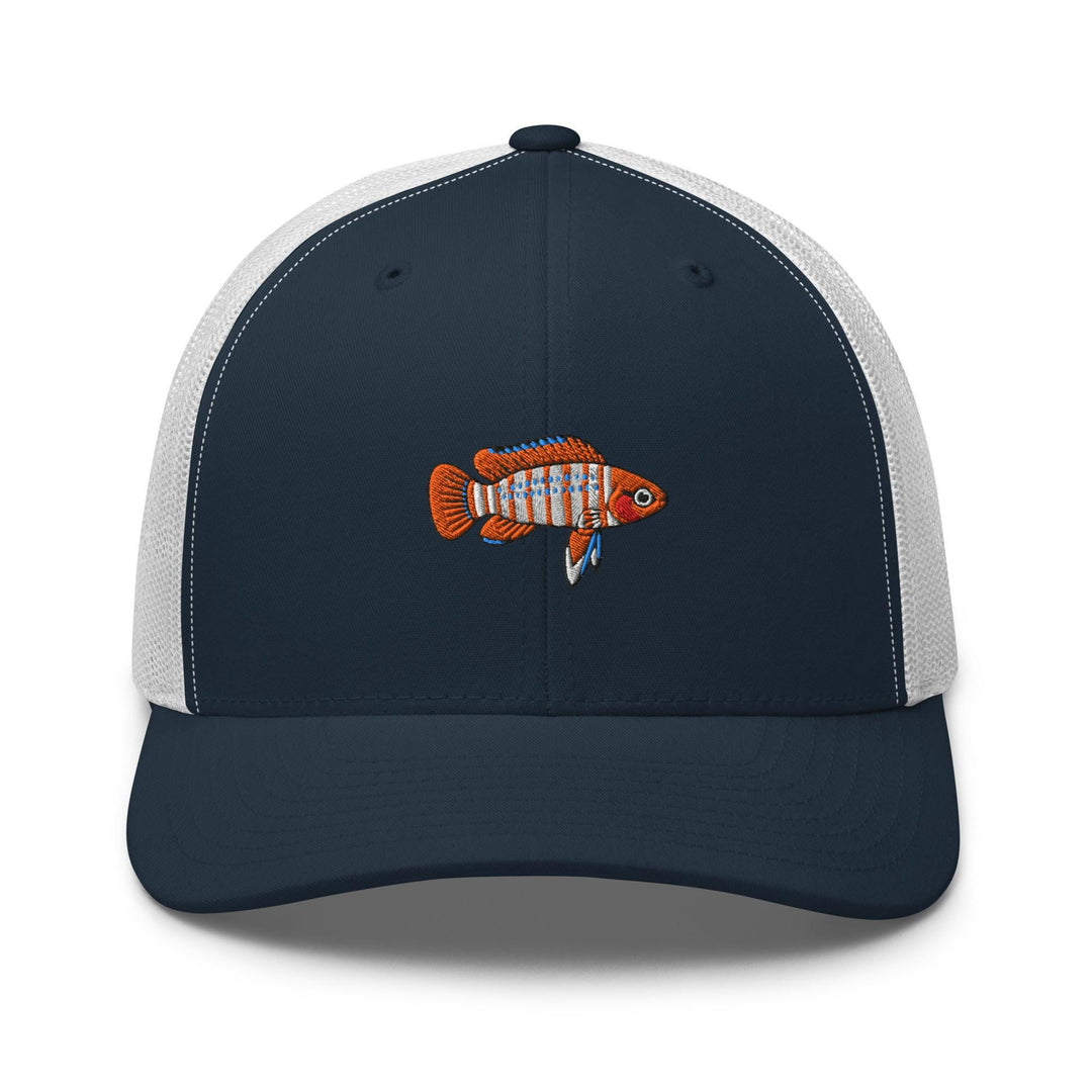 Scarlet Badis Embroidered Trucker Hat: Structured Retro Cap with Mesh Back