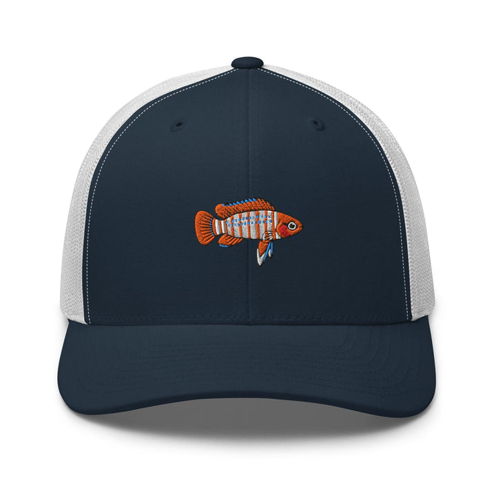 Scarlet Badis Embroidered Trucker Hat: Structured Retro Cap with Mesh Back