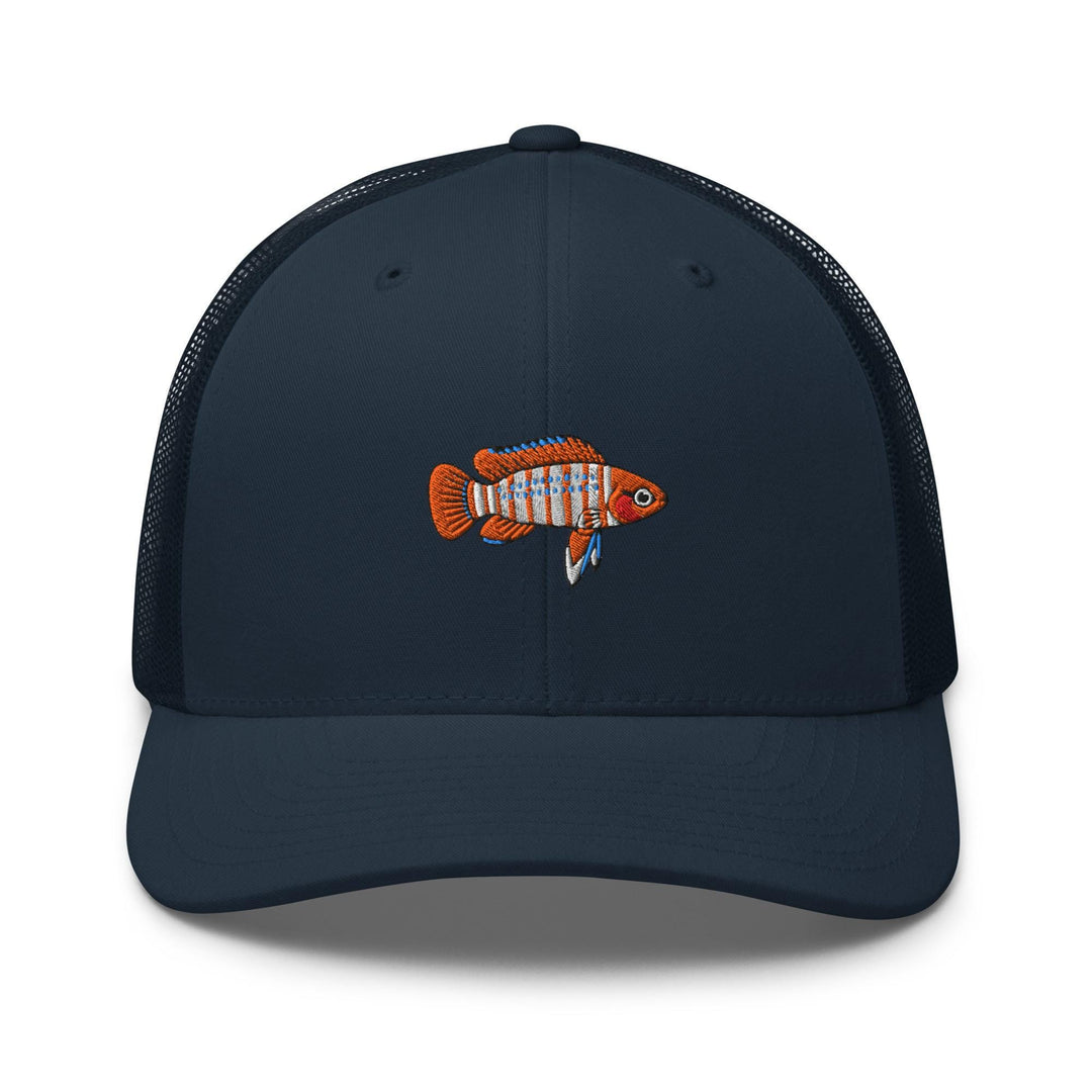 Scarlet Badis Embroidered Trucker Hat: Structured Retro Cap with Mesh Back