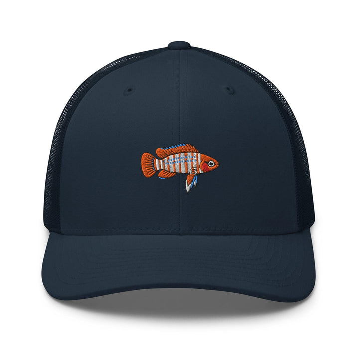 Scarlet Badis Embroidered Trucker Hat: Structured Retro Cap with Mesh Back