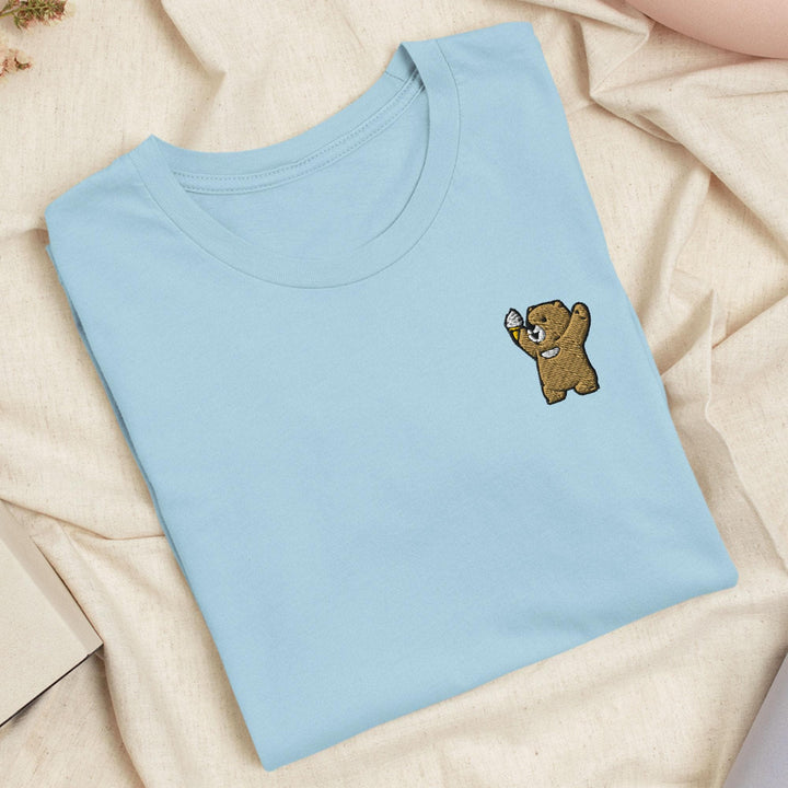 Cheerful Ice Cream Bear Embroidered T-Shirt: Lightweight Cotton, Unisex Fit
