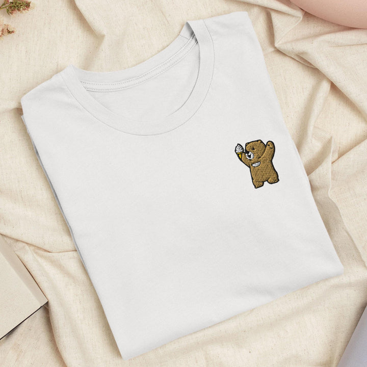 Cheerful Ice Cream Bear Embroidered T-Shirt: Lightweight Cotton, Unisex Fit
