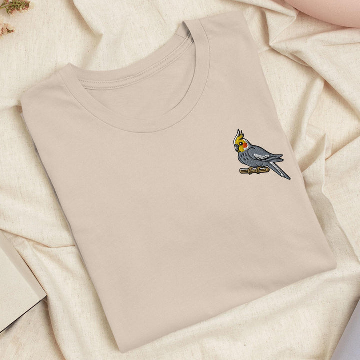 Cockatiel on a Perch Embroidered T-Shirt: Lightweight Cotton, Unisex Fit