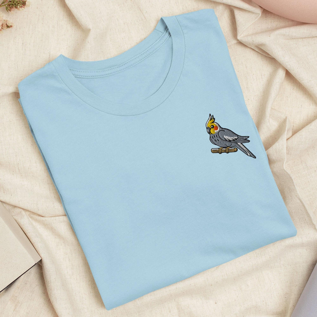 Cockatiel on a Perch Embroidered T-Shirt: Lightweight Cotton, Unisex Fit
