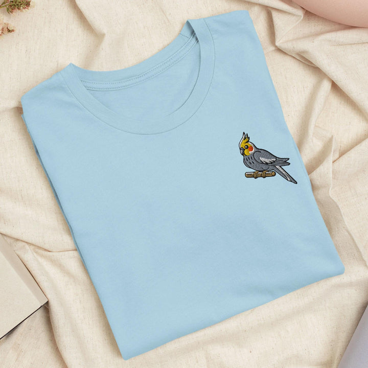 Cockatiel on a Perch Embroidered T-Shirt: Lightweight Cotton, Unisex Fit