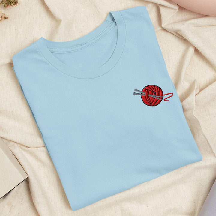 Knitting Needle and Yarn Embroidered T-Shirt: Lightweight Cotton, Unisex Fit
