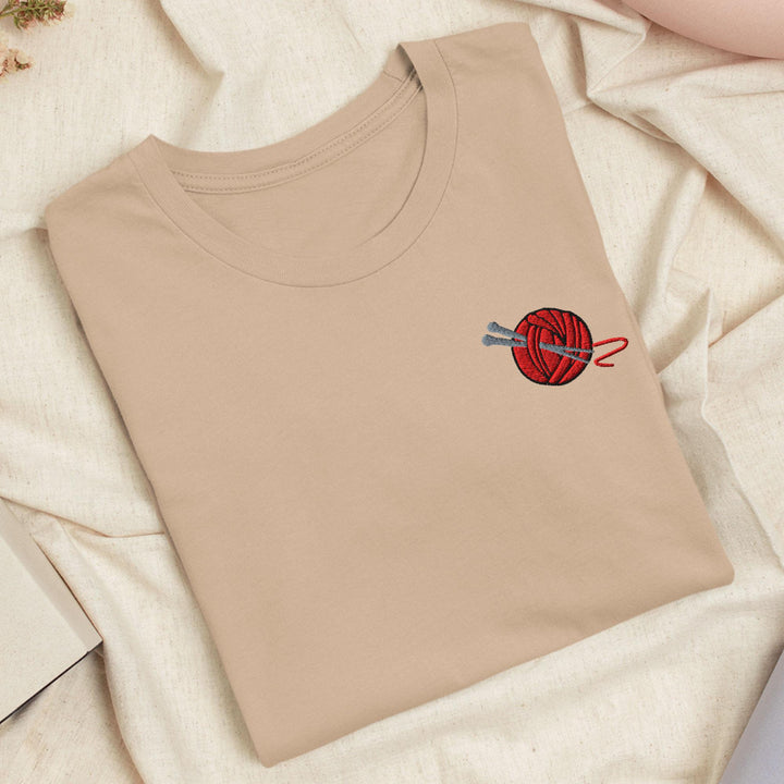 Knitting Needle and Yarn Embroidered T-Shirt: Lightweight Cotton, Unisex Fit