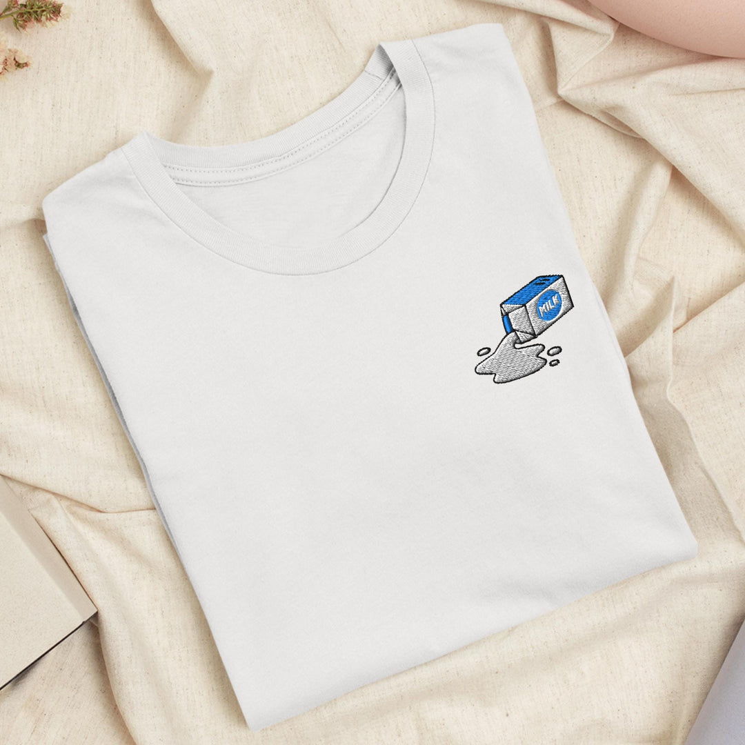 Spilled Milk Carton Embroidered T-Shirt: Lightweight Cotton, Unisex Fit