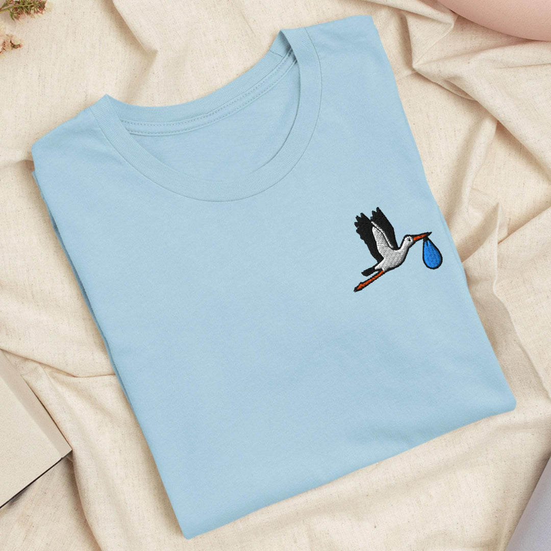 Flying Stork with Baby Bundle Embroidered T-Shirt: Lightweight Cotton, Unisex Fit