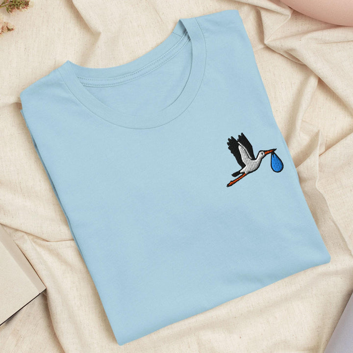 Flying Stork with Baby Bundle Embroidered T-Shirt: Lightweight Cotton, Unisex Fit